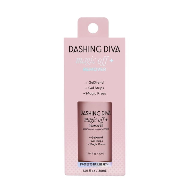 DASHING DIVA - MAGIC OFF PLUS Dissolvant de Vernis à Ongles dans une Boîte Rose avec une Fenêtre Montrant la Bouteille, Formulé pour l'Élimination Douce du GelXtend, des Bandes de gel et des Produits pour Ongles Press MAGIC, Protégeant la Santé des Ongles, Contenant 1,01 fl oz (30 ml).
