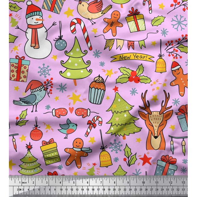 Soimoi Moss Georgette Fabric Gift Box,Snowman & Tree Christmas Print Sewing Fabric Yard 42 Inch Wide