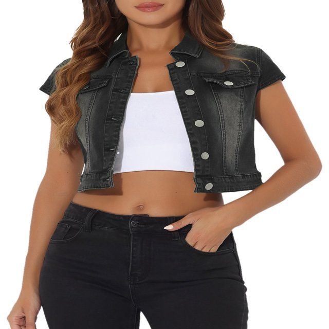 Allegra K Women‘s Summer Denim Jackets Button Down Short Sleeve Cropped Jean Jacket