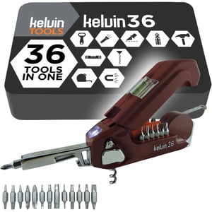 Kelvin Tools - Kelvin 36 Ensemble de tournevis à outils multiurbains - Tout en une main avec 26 Bits interchangeables, mesure de bande, niveau liquide, marteau, lampe de poche, tire-bouchon et pointe magnétique