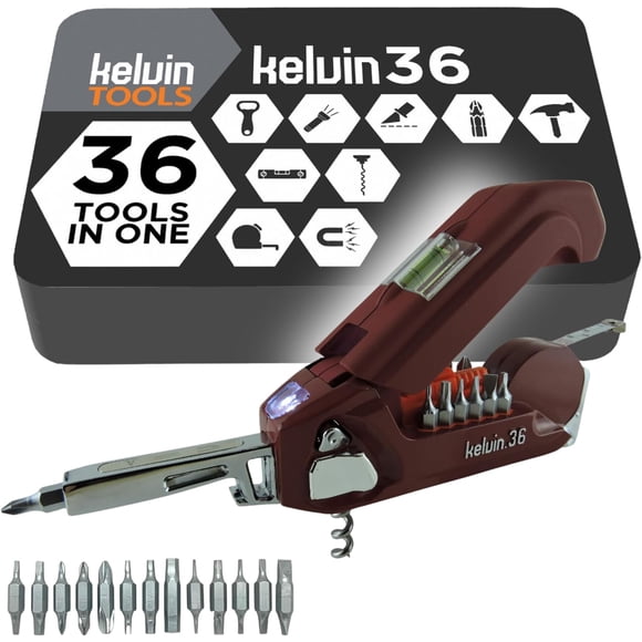 Kelvin Tools - Ensemble de Tournevis Urbain Kelvin 36 à Outils Multiples - Outil Tout-en-un avec 26 Embouts Interchangeables, Ruban à Mesurer, Niveau de Liquide, Marteau, Lampe de Poche, Tire-Bouchon et Embout Magnétique