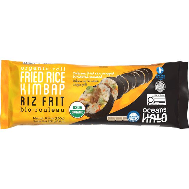 Ocean's Halo Organic Fried Rice Kimbap Roll showing sliced fried rice and vegetable rolls wrapped in roasted seaweed on a yellow and black package with USDA Organic and 1% for the Planet logos, weighing 230g. This vegan frozen snack is suitable for quick meals or on-the-go lunches.