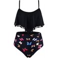 thumbnail image 2 of Women High Waisted Bikini Ruffle Swimsuit Flounce Pom Pom Trim Two Piece Bathing Suit Black Butterfly (XL, 2 of 6