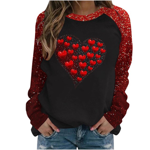 Penkiiy T-Shirts de la Saint-Valentin pour Femmes Col Rond Manches Longues T-Shirt Cœur Décontracté TG Rouge