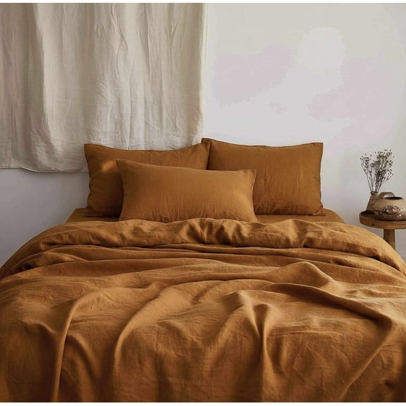 Q VITA French Linen Sheet Set, King Size, 4-Piece Bedding for Adults – Dusty Orange, Enzyme Washed, 14" Deep Pocket, OEKO-TEX Certified