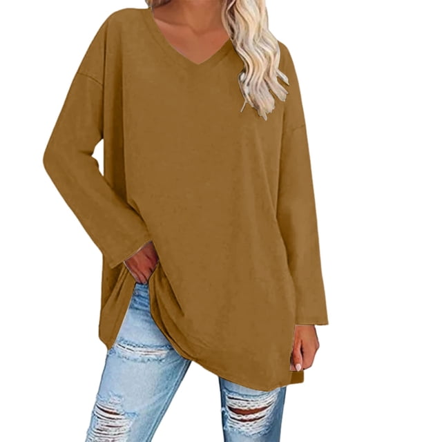 Breezora Tunique à Col Rond Oversize pour Femmes, Manches Longues, Chemise Rayée, Blouse Douce à Coupe Ample, Tenue Décontractée Décontractée, Confort Quotidien 2026, Taille P, Jaune