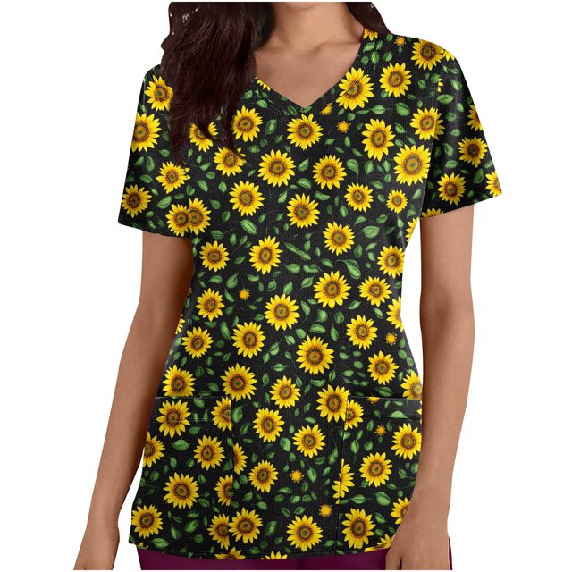 Pisexur Womens Scrub Tops Boasting Colorful Floral Prints Along With Short Sleeve Scrub Tops Suitable for Nursing Uniforms With Convenient Pockets