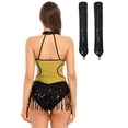 thumbnail image 2 of YONGHS Justaucorps-Robe de Danse Latine Jazz à Franges pour Femme, Haut Justaucorps Rumba de Salle de Bal avec Gants, Or L, 2 of 5