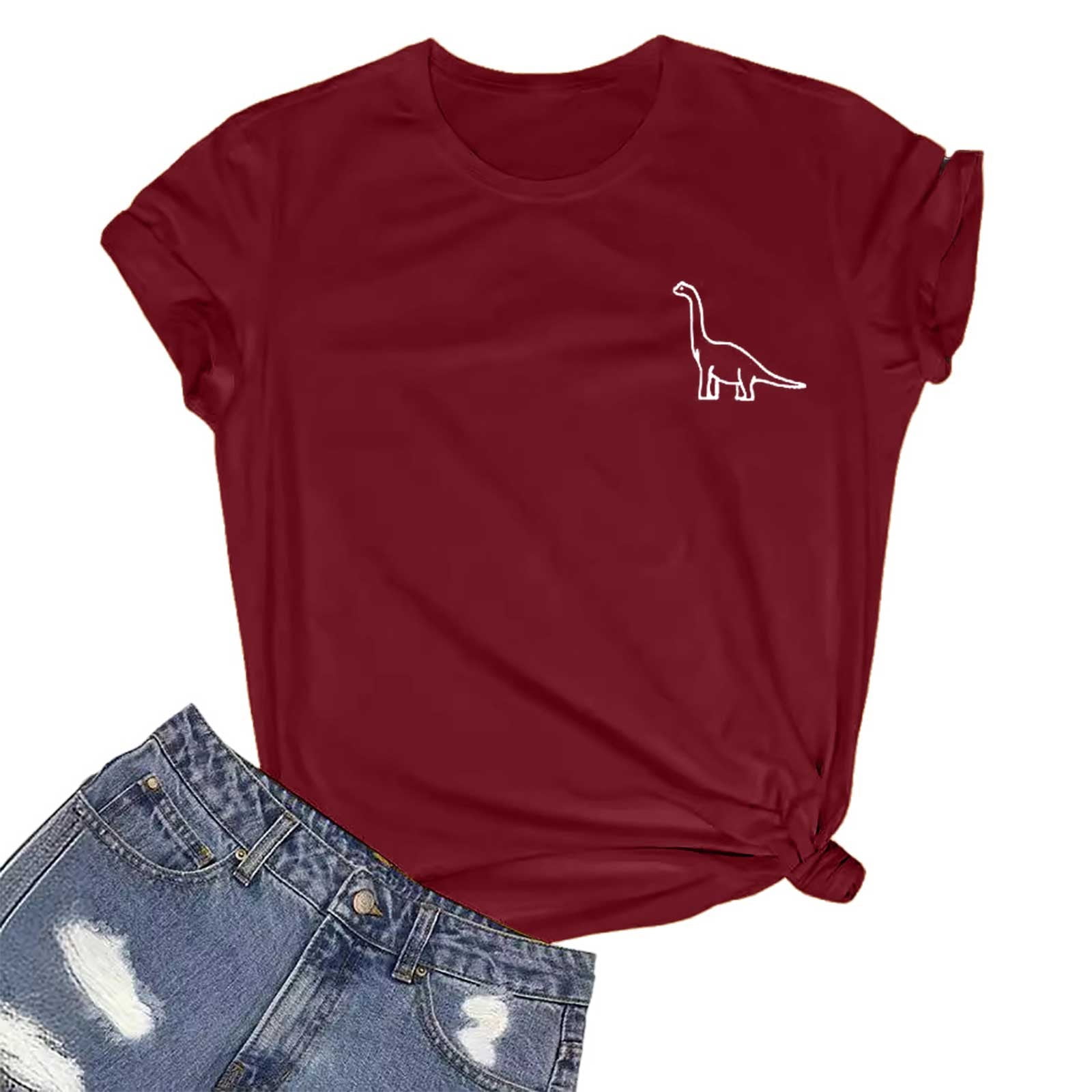 WEIYLL T Shirts for Women Small Dinosaur Print Red Blouse Sizes M