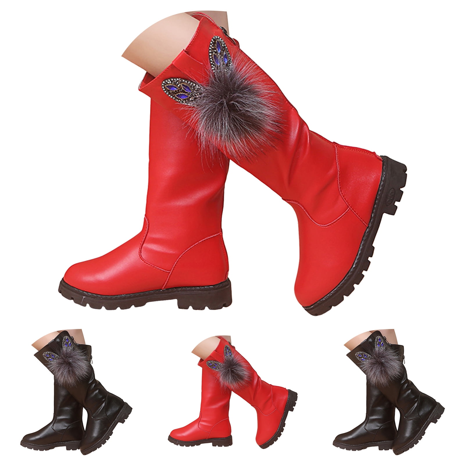 Dakaela Girls Knee High Boots Leather Zipper Bowknot Winter Shoes Low Chunky Heel Combat Riding Boot 3-12Y