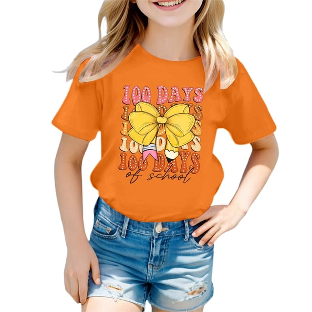 LUOGENLI T-Shirt pour Filles Enfants Mode Décontractée Imprimé Col Rond Ample Manches Courtes T-Shirt Haut Maxi Chemises pour Filles 2025 Villégiature Orange 6-7 Ans