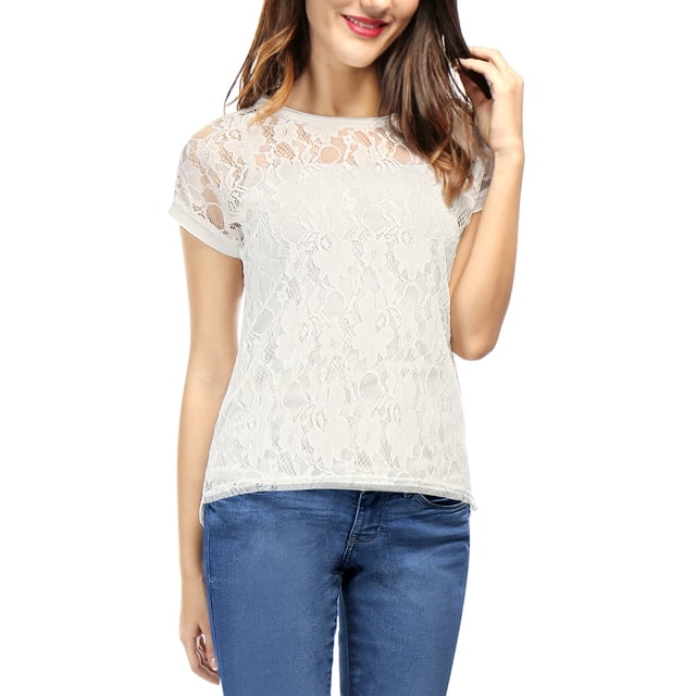 INSPIRE CHIC Haut en Dentelle Florale Transparent à Manches Courtes pour Femme, Blanc, avec Encolure Ronde, Manches Courtes et Motif Délicat en Dentelle Florale. Le Haut à Ourlet Arrondi et design Transparent, Offrant un Style Raffiné et Romantique. Fait de 95 % polyester et 5 % Élasthanne, Il s'Agence Bien avec des jeans Ou des Jupes pour des Sorties Décontractées Ou pour le Bureau.