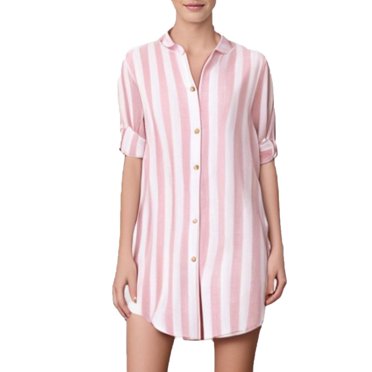 Yuyuzo Chemisiers pour Femmes à Rayures, Boutonnés, Manches Mi-Longues, Chemises Longues, Grande Taille, Hauts de Robe Doux, P-5TG