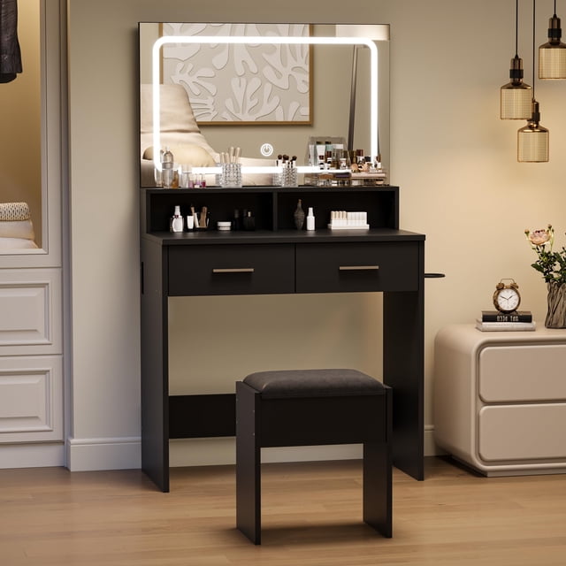 QinaQin Modern 32-Inch Dressing Table Set, 3-Color LED Mirror with Power Outlet, 2 Drawers, Stool and Hair Dryer Rack, Bedroom Vanity Desk