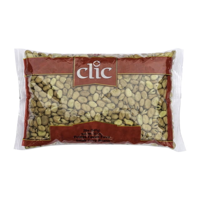 CLIC - Petits Fèves dans un Sac en Plastique Transparent avec une Étiquette Rouge Affichant le Nom de Marque « CLIC » et un Poids net de 2 Lb (907 g). le Sac Contient des Petites Fèves Brun Pâle Séchées, une Légumineuse Dense en Nutriments des Espèces Vicia faba, Couramment Utilisée pour la Cuisine de Garde-Manger et Connue pour Ses Bienfaits pour la Santé comme le Renforcement de l'Immunité et la Réduction du Cholestérol.