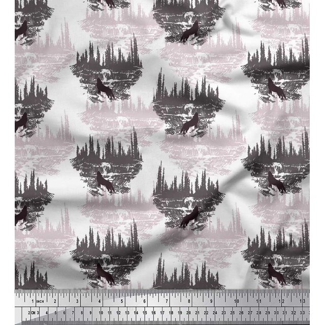 Soimoi White Cotton Duck Fabric Wolf & Landscape Nature Print Fabric by Yard 42 Inch Wide