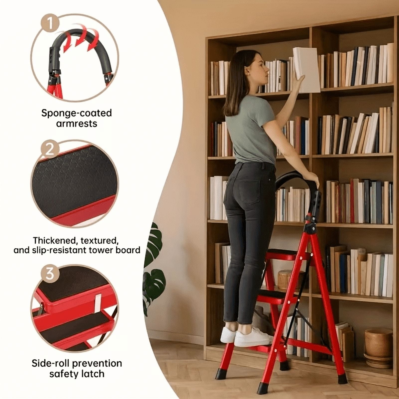 Heavy duty 3-step portable folding ladder, supporting 300 pounds, foldable for easy carrying, essential item for maintenance