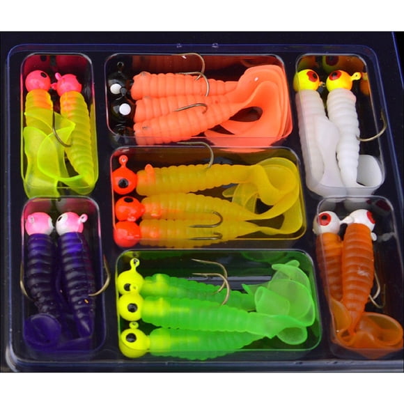 TIMIFIS Leurres de Pêche 17 Pcs Ver Souple Lure Lure Ensemble Tête Jig Hameçons Appâts de Pêche Ensemble Attirail Cadeaux de Noël