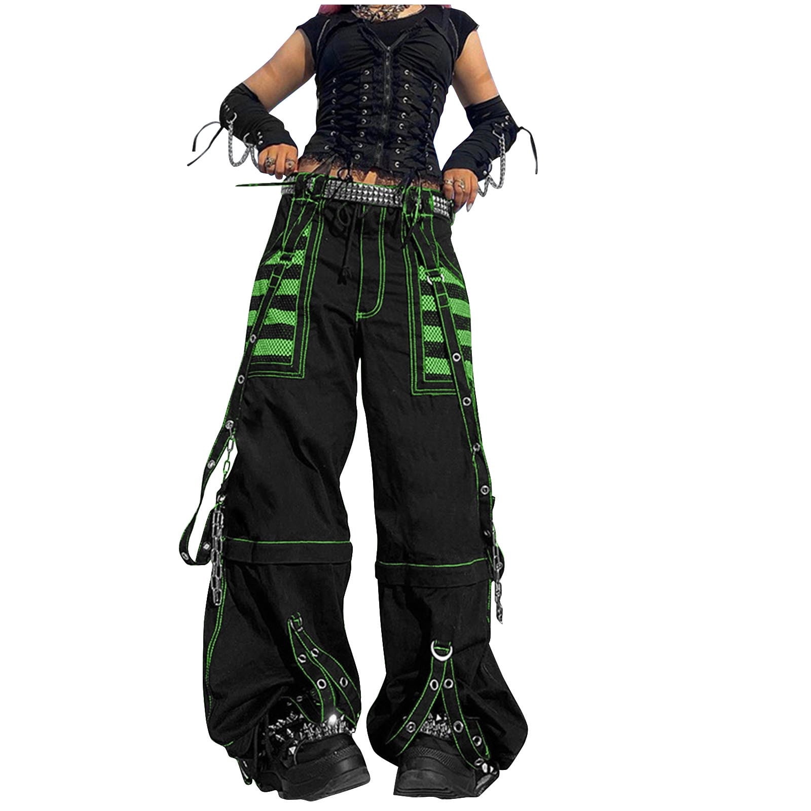 Sevevn Womens Gothic Punk Wide Leg Cargo Pants High Waist Mesh