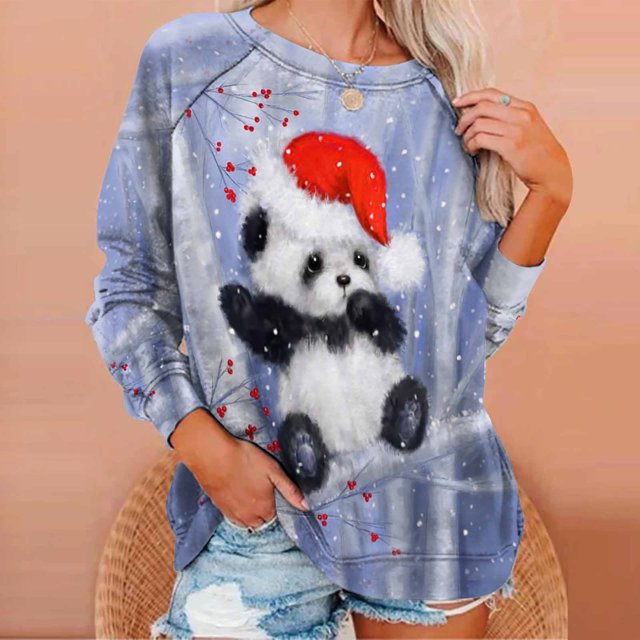 Costumes de Noël en Liquidation Chandail à Col Rond Imprimé de Noël Blouse Ample Chandail en Molleton Sans Capuche Chandail en Molleton Surdimensionné pour Femmes