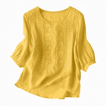 WUANDIXFA Ladies Tops for Fall Linen Shirts for Women Retro Embroidery Summer Loose 3/4 Sleeve Tshirts Tunic Tops Casual Blouses Boho Clothes Yellow,2XL
