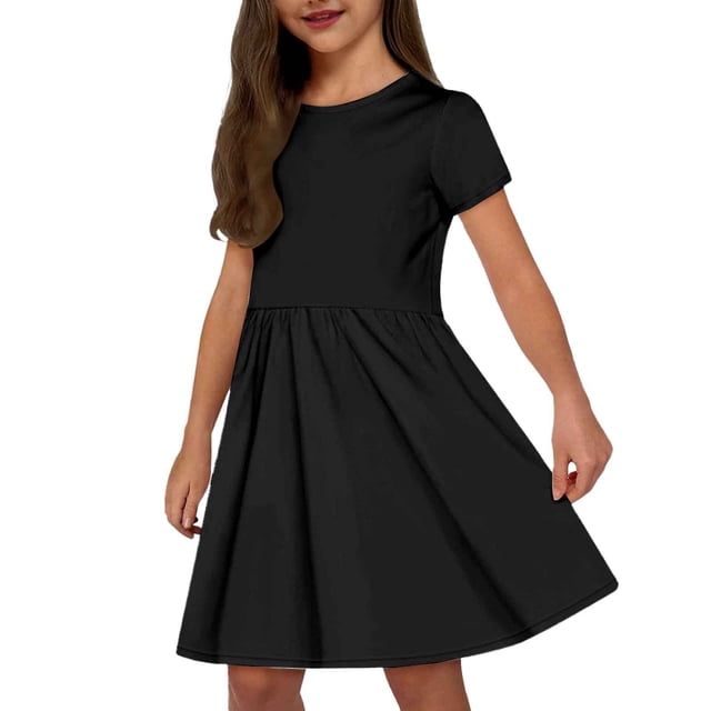 Robes pour Bébé Fille Mode Enfants Uni Col Rond Manches Courtes Décontracté Confortable Robe avec Poches Robes pour Enfants Noir 7 Ans-8 Ans