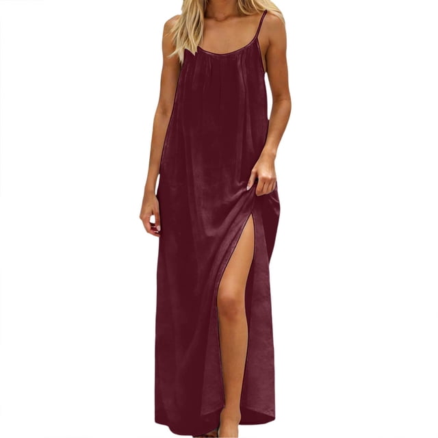 Daiosportswear Robe Longue de Détente pour Femmes à Bretelles Spaghetti, Dos Nu, Coupe Ample, Robe-Robe à Manches Courtes pour Femmes Bordeaux m(m)