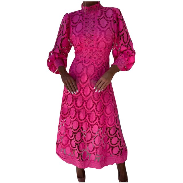 Birdeem Robes pour Femmes Robe d'Été en Dentelle pour Femmes à Manches Bouffantes, Taille Cintrée, Unie, Col Rond
