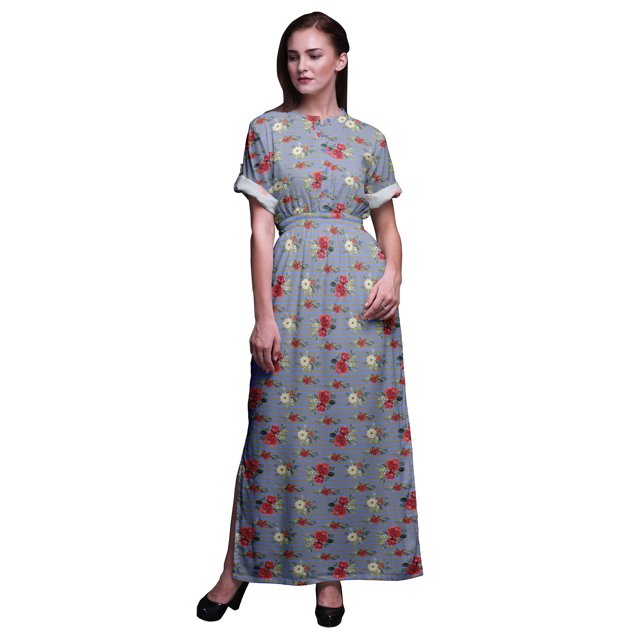 Bimba Robe Longue pour Femmes en Rayonne à Feuilles/rayures et Rayures de Fleurs Rouges, Style Bohème, Plage, Cocktail, Fête, Maxi, Fendue - XX-Grand Bleu Lavande