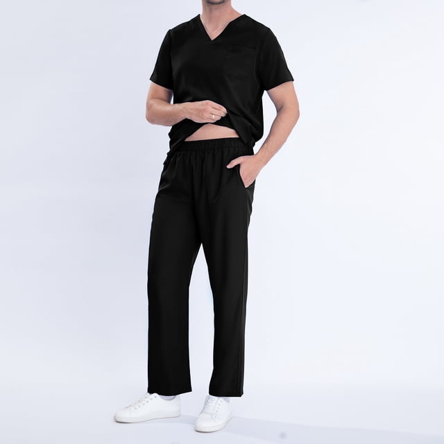LSLJS Ensemble de Joggers de Sarrau Extensibles à Col en V pour Hommes - Uniforme de Travail pour Hommes avec Poche, Chemisier à Manches Courtes + Pantalon Long, Ensembles Deux Pièces, Ensemble de Sarraus pour Hommes Cadeaux pour Hommes