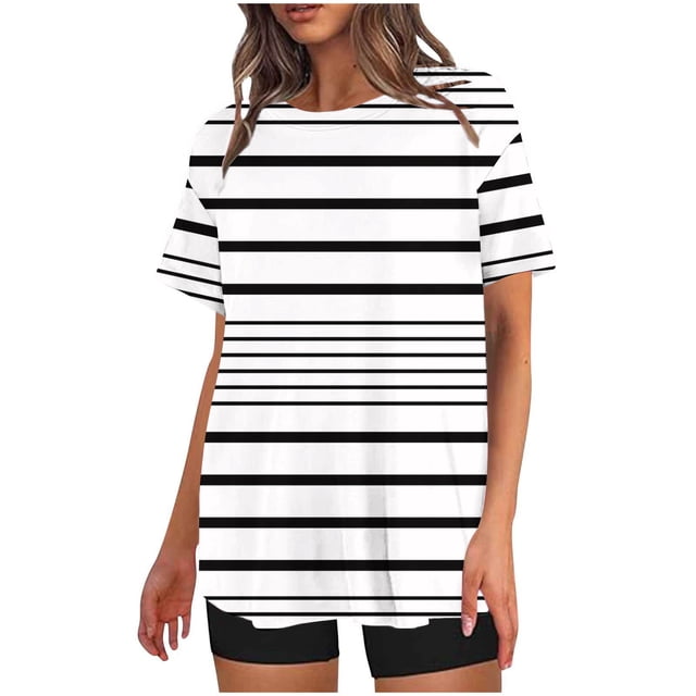 Mikilon Ensemble Élégant pour Femmes 2 Pcs Mode Décontractée Rayé Imprimé Col Rond Épaule Tombante Short Ensemble Deux Pièces Blanc-A TP
