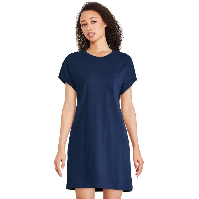 George Robe à Poches pour Femme en Bleu Marine, Coupe Décontractée, Manches dolman Courtes, Encolure Ras du Cou et Poche avec Empiècement sur la Poitrine, Fabriquée en jersey 100 % Coton Doux, Convient aux Sorties Décontractées et à Agencer avec des Ballerines Ou des Espadrilles.