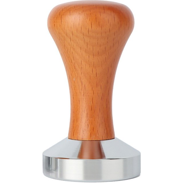 KAKOWELY espresso accessories stainless steel coffee tamper with a wooden handle, designed for even coffee grounds compression. The tamper features a durable stainless steel base and an ergonomic wooden handle for a comfortable grip. Ideal for espresso machines, it measures 3.35 x 2.01 x 2.01 inches and is suitable for both home and commercial use.