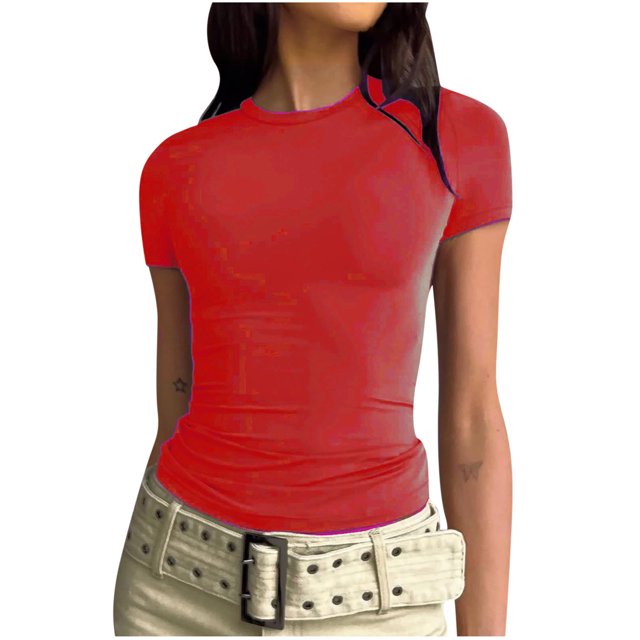 Yuyuzo Hauts de Sortie pour Femmes T-Shirts à Manches Courtes Col Rond Extensibles Ajustés Basiques