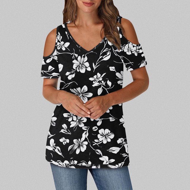 Soki Women's Off Shoulder Tee Clearance Blouses Short Sleeved V-Neck Fashionable Tops