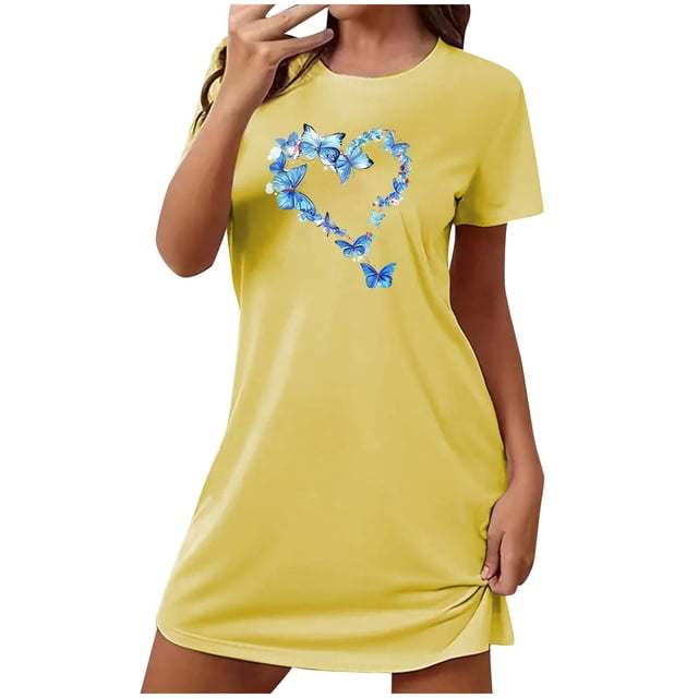 Rbaofujie Chemises de Nuit pour Femmes Chemise de Nuit Courte Surdimensionnée pour Femmes Mode Imprimé Poitrine Robe de Nuit à Manches Courtes Pyjama pour Filles