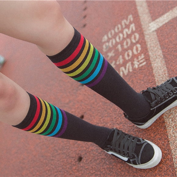 GDREDA Womens Compression Socks 1Pair Thigh High Socks Over Knee Rainbow Stripe Girls Football Socks Black White Black,One Size
