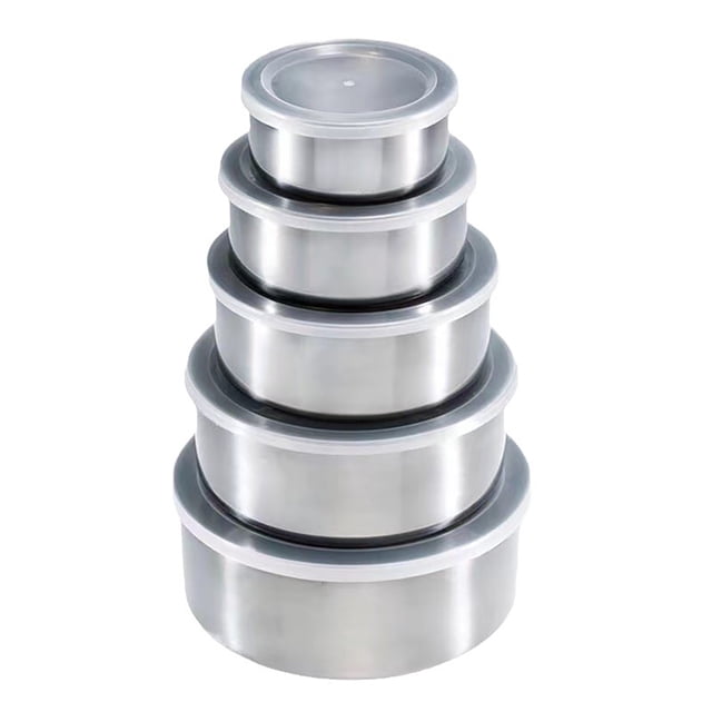 Mixing Bowls, 5 Pcs Mixing Bowl Set With Transparent Plastic Lids, featuring a stackable design for space-saving storage. Made of durable stainless steel, these bowls come in varied sizes and include airtight, leakproof lids to maintain food freshness. Ideal for mixing, marinating, serving, and food storage.