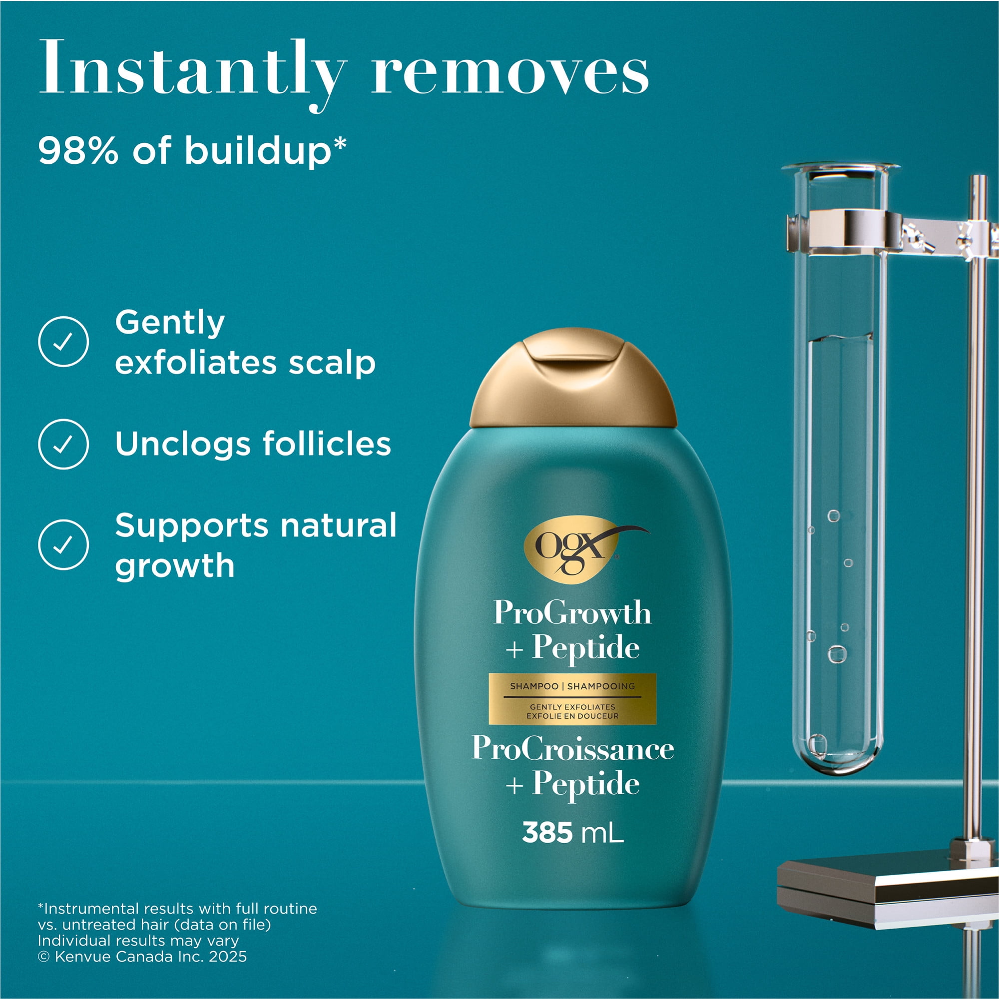 OGX Procroissance + Peptide Shampoing Clarifiant, Shampoing Exfoliant Doux pour le Cuir Chevelu Favorise la Pousse Naturelle des Cheveux en Éliminant l'Accumulation sur le Cuir Chevelu, 1.5 % d'Acide Mandélique