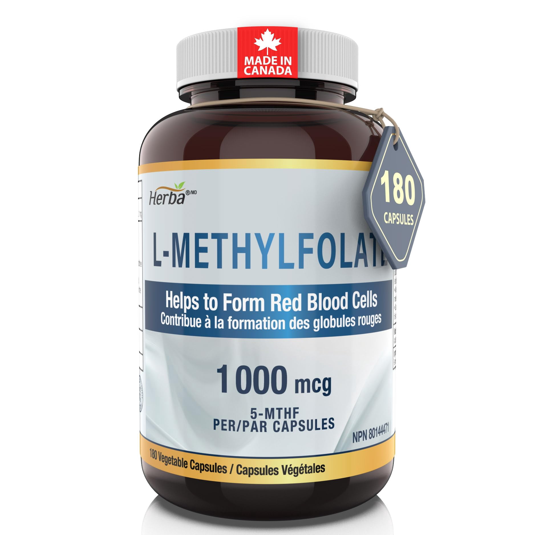 Herba L-Methylfolate 1000mcg - 180 Capsules | Vitamin B9 5-MTHF Folate Supplement | Made in Canada