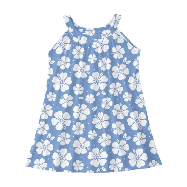 WEIYLL Robes Filles Été Plage Natation Couverture Sans Manches Imprimé Palmier Fleur Volants Bleu Ciel Robe 7-8 Ans