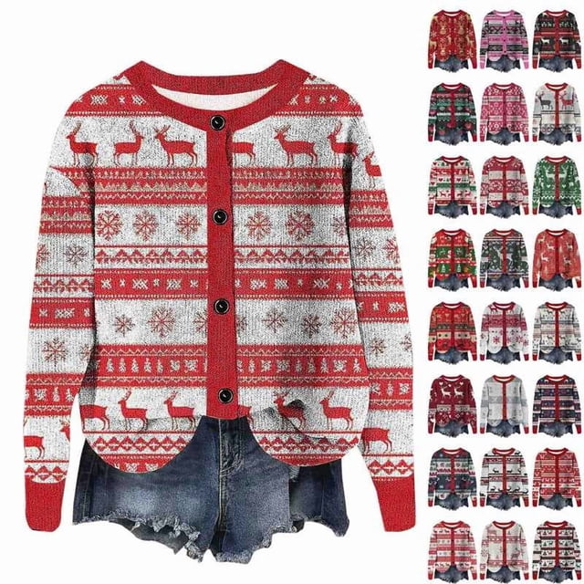 Wiyuqeen Christmas Button Down Cardigan Women Ugly Xmas Print Jacket Crewneck Long Sleeve Ribbed Knit Cardigans Fall Sweaters