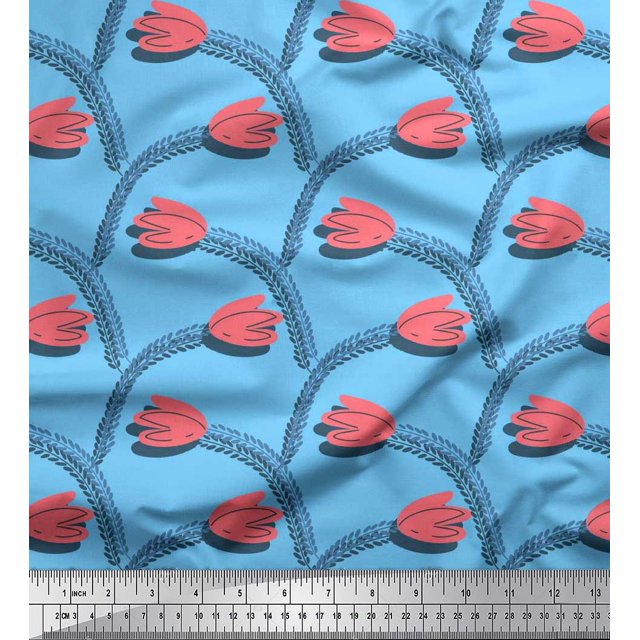Soimoi polyester Crepe Fabric Leaves & Tulip Floral Printed Fabric 1 Yard 52 Inch Wide