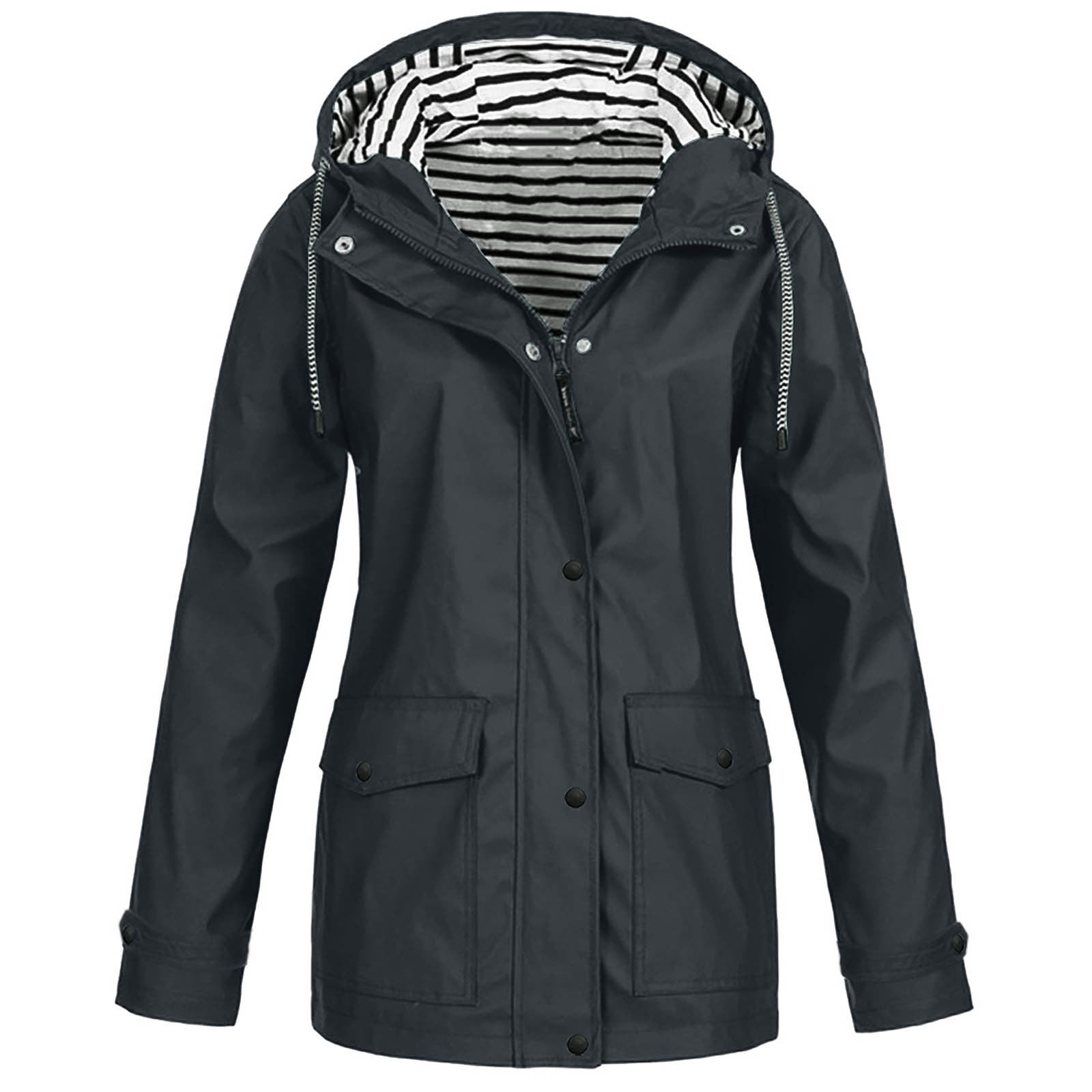 Lolmot Women Solid Rain Jacket Outdoor Plus Size Waterproof Hooded Raincoat Windproof