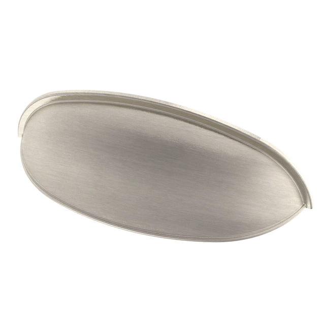 Peerless Tirette en Nickel de Style Tasse, Lot de 6, Vue Gros Plan Inclinée d'Une Tirette d'Armoire en Nickel Satiné avec une Conception de Tasse Courbée Lisse et une Finition Brossée, Idéale pour les Mises à Niveau de la Quincaillerie d'Armoire et une installation Bricolage Facile avec Quincaillerie de Montage Incluse.
