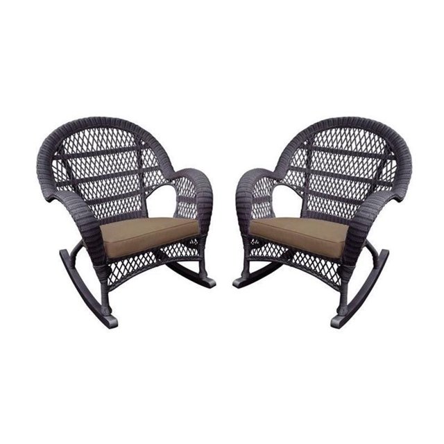 Jeco Wicker Rocker Chair in Espresso with Brown Cushion (Set of 2)