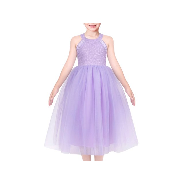 Robe Fille Violette Col Halter Fête Dentelle Tulle Élégante Sans Manches 8 Ans