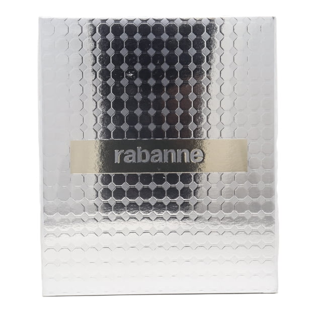 Paco Rabanne Invictus 2pc Gift Set For Men featuring a 100ml Eau de Toilette and a 20ml travel spray. The packaging showcases a sleek silver box with a honeycomb texture and the 'Rabanne' logo in metallic lettering. This woody-aquatic fragrance combines fresh sea notes, grapefruit, and mandarin with bay leaf, jasmine, guaiac wood, oakmoss, patchouli, and ambergris. Ideal as a gift for fans of sporty, masculine colognes.