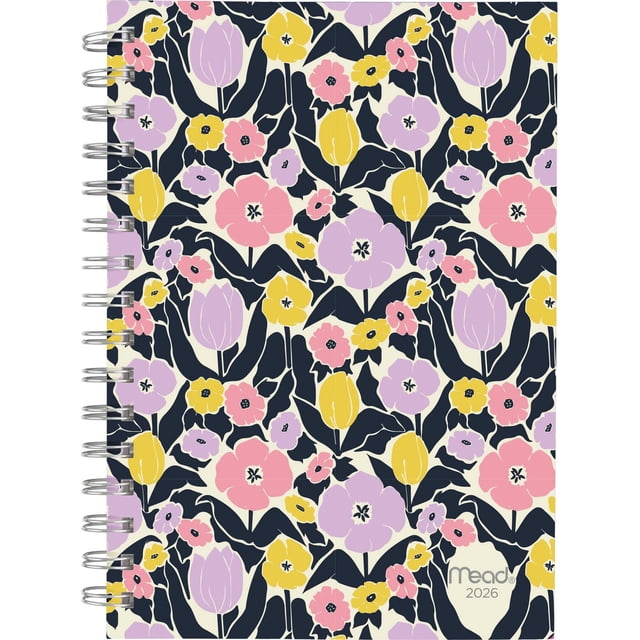 2026 Mead® Dutch Floral Small Weekly Planner with a durable frosted poly cover featuring a multicolour Dutch floral pattern in pink, yellow, and lavender on a dark background, twin coil binding that resists snagging and lays flat for ease of use.