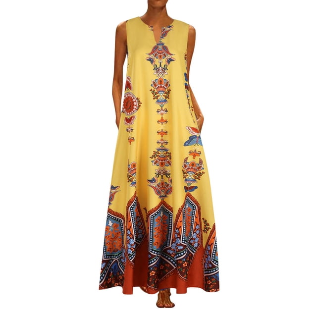 Robe Maxi d'Été Sans Manches à Rayures Imprimées à Col en V Vintage Décontractée pour Femme